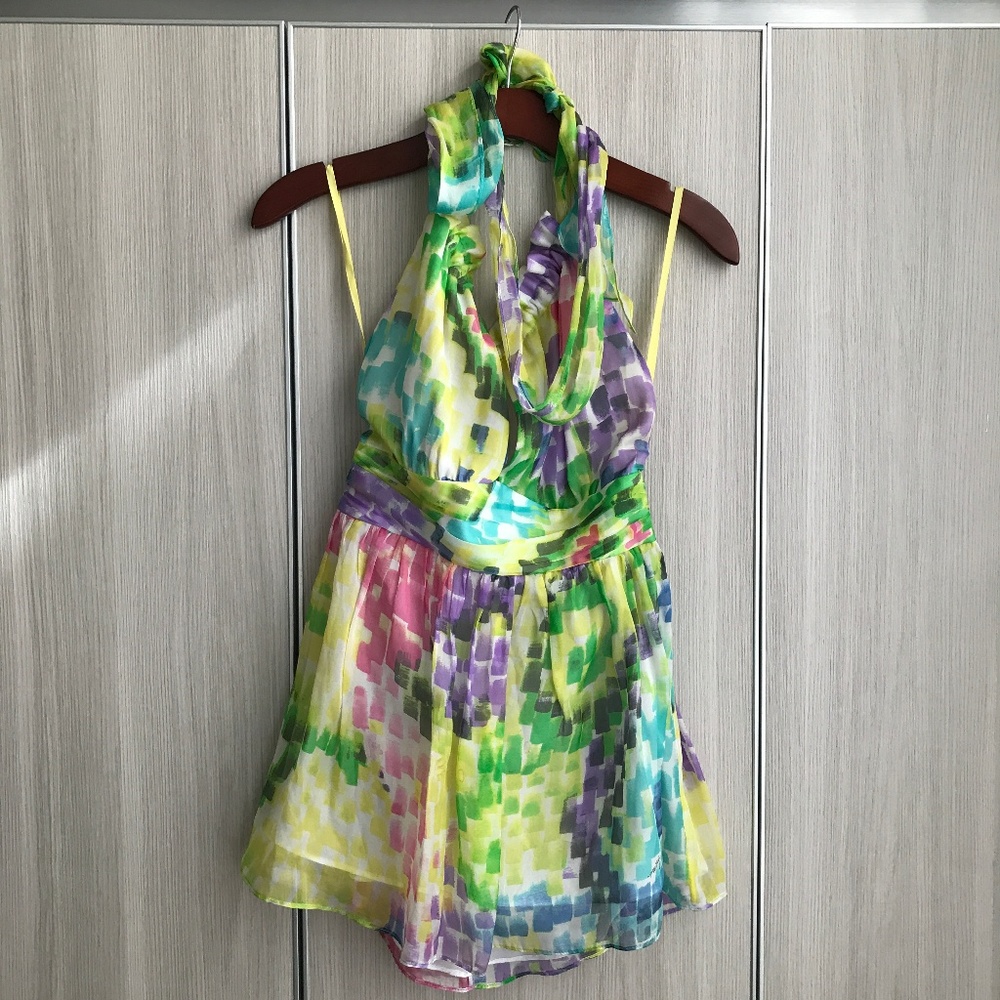 Milly yellow green patterned flowing halter top